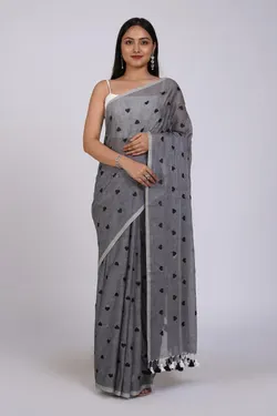 Grey With Black Heart Embroidered Soft Khadi Cotton Saree for Women, Party, Wedding, Bridal